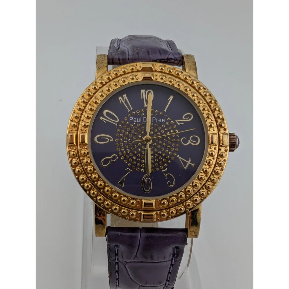 Paul Du Pree Watch Women 37mm Gold Case Purple Leather‎ Band- New Battery